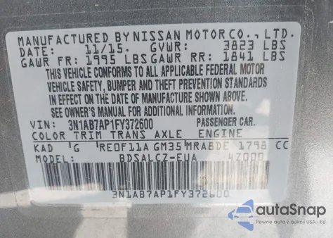 2015 Nissan Sentra S z USA, uszkodzony, nr VIN 3N1AB7AP1FY372600